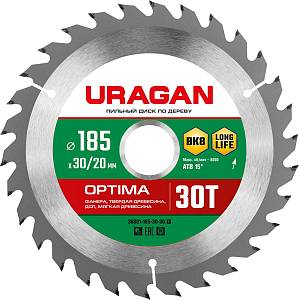 URAGAN Optima, 185 х 30/20 мм, 30Т, пильный диск по дереву (36801-185-30-30)