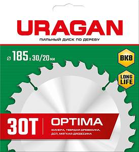 URAGAN Optima, 185 х 30/20 мм, 30Т, пильный диск по дереву (36801-185-30-30)