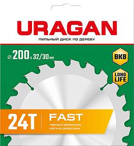 URAGAN Fast, 200 х 32/30 мм, 24Т, пильный диск по дереву (36800-200-32-24)