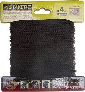 Шнур STAYER "MASTER" хозяйственно-бытовой, полипропиленовый, вязанный, с сердечником, черный, d 4, 20м 50411-04-020