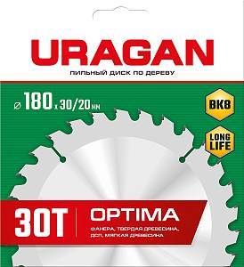URAGAN Optima, 180 х 30/20 мм, 30Т, пильный диск по дереву (36801-180-30-30)
